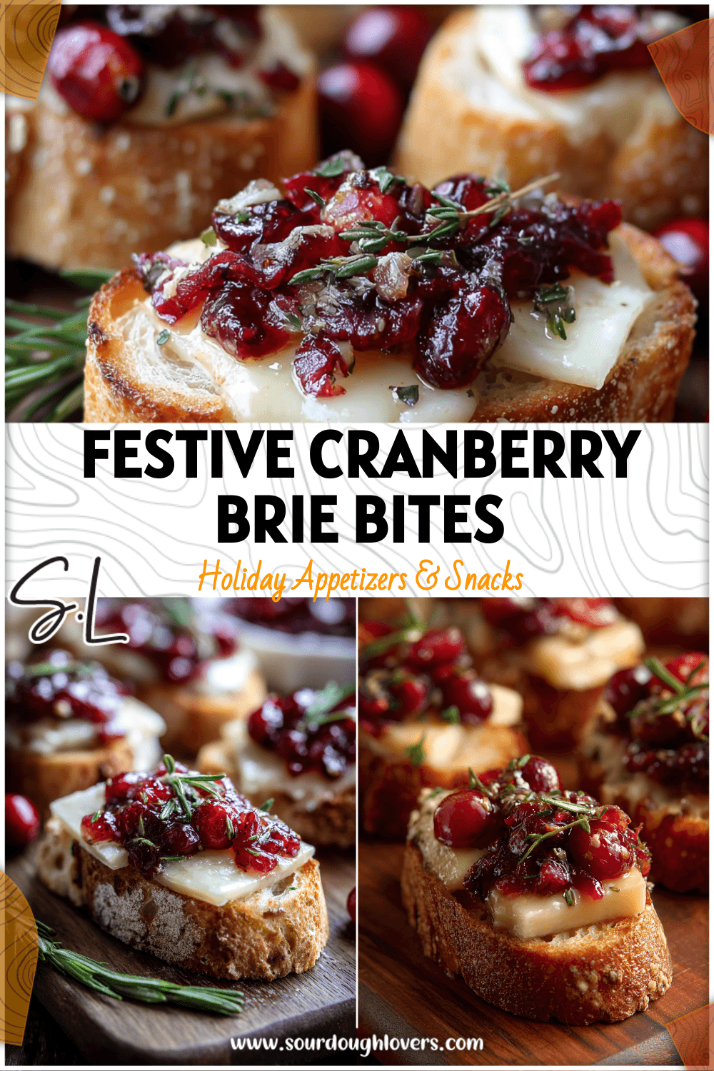 Golden sourdough crostini topped with melted brie and cranberry sauce as Savory Christmas Party Snack.